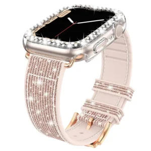 sparkly diamond silicone leather strap for apple watch 44/41/45 40/42mm band + bling case