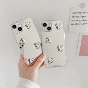 fashion korean style cute heart soft silicone clear phone case for iphone 13 pro max 14 11 12 15 xr silvery mirror protect cover